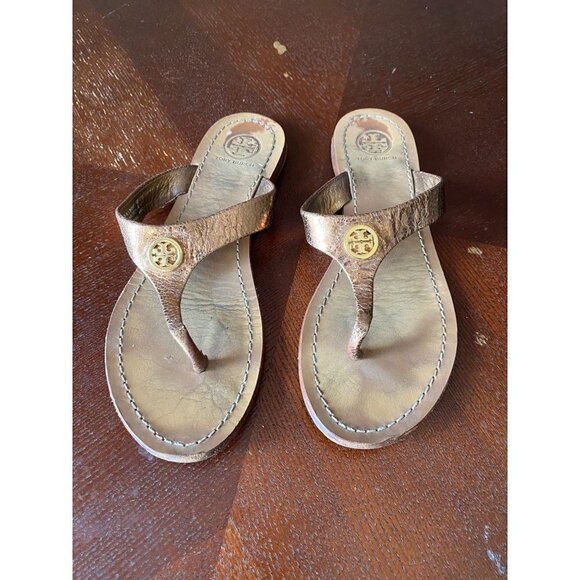 Tory Burch Women's Gold Thora Thong Flat Casual Sandals - 6 1/2 M - Picture 2 of 13